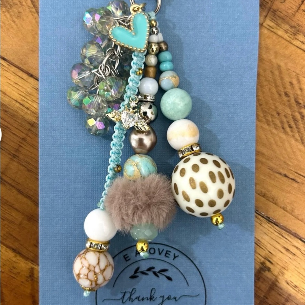 Aqua Turquoise Beaded Keychain Charm with Pom Pom-handmade/EAlovey